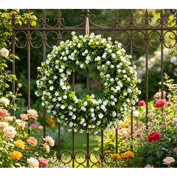 11-19.6 Inch Spring White Flower Wreath, Artificial Floral Wreath with Green Boxwood for Front Door, Farmhouse Home Wall Window Spring Summer All Seasons Decor