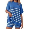 thumbnail image 2 of 2 Pcs Women Striped Outfits Oversized Batwing Short Sleeve Tops High Waisted Shorts Summer Knit Lounge Short Sets, 2 of 5
