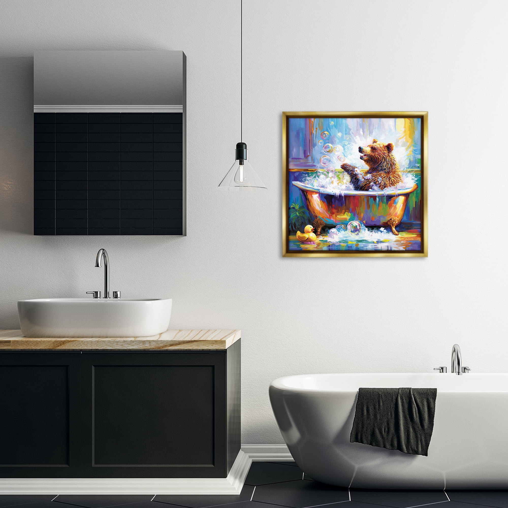 Stupell Industries Happy Bear in Bathtub Bath & Laundry Painting Gold Floater Framed Canvas Art Print Wall Art, 25 x 25
