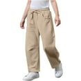 thumbnail image 3 of Lenpel Children's Wide Leg Sweatpants Unisex Boys Girls Elastic Waist Drawstring Baggy Joggers Pants Casual Workout Trousers(Khaki,8-9 Years), 3 of 4