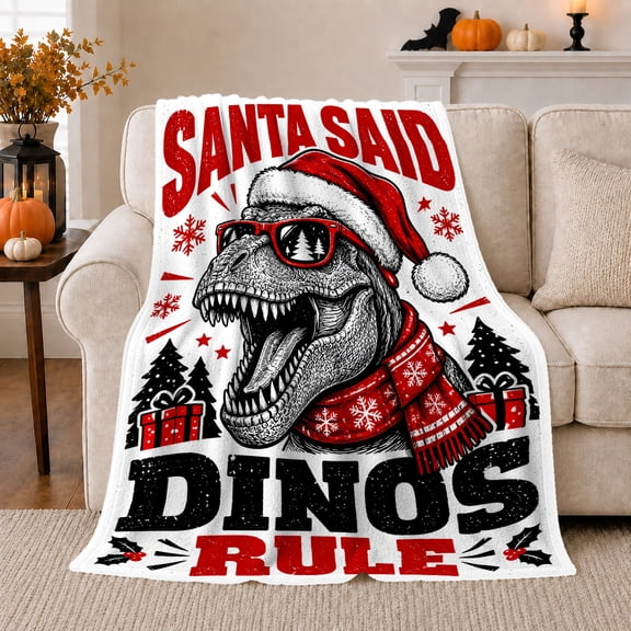 Funny Christmas T-Rex Rule Santa Said, Festive Holiday Scene, Warm Flannel Blanket for Living Room and Reading Nook, Art Lovers Christmas Gift, Festive Home Decor