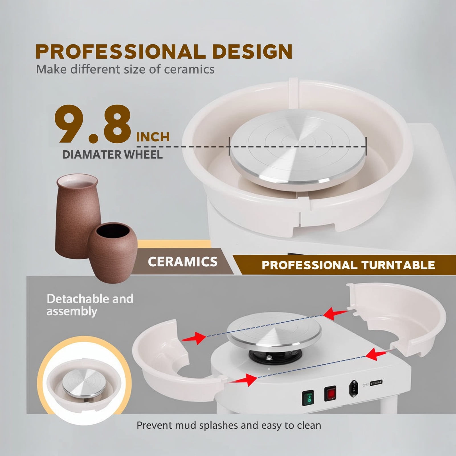 350W Electric Pottery Wheel (25CM, White) | Extremely Variable Speed Clay Tool | DIY Ceramic Craft Machine with Foot Pedal & Detachable Basin for Beginners