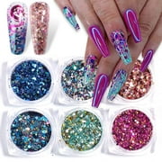 Holographic Glitter Nails Sequins, 6Boxes 3D Colorful Shining Nail , Nail Sparkles Acrylic for Art Supplies Powder Dust for DIY Crafts