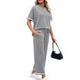 thumbnail image 6 of GIPQJK 2pcs Women Lounge Set Short Sleeve Crew Neck Casual Clothing Drawstring Striped Wide Legs Trousers Summer Solid Color Loungewear,Light Gray L, 6 of 6