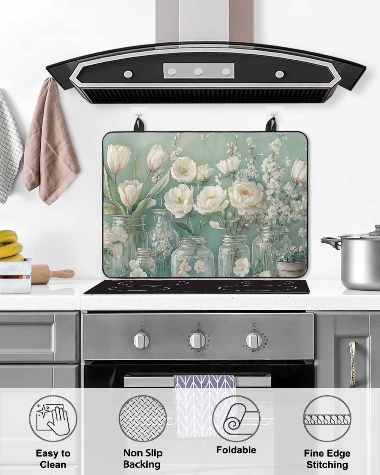 nqOlkjepod Large Induction Cooktop Protector Mat 24"x21", Flower Green Stove Top Covers for Electric Stove, Botanical Garden Florals Modern Art Stove Burner Cover Mats, Glass Top Stove Cover