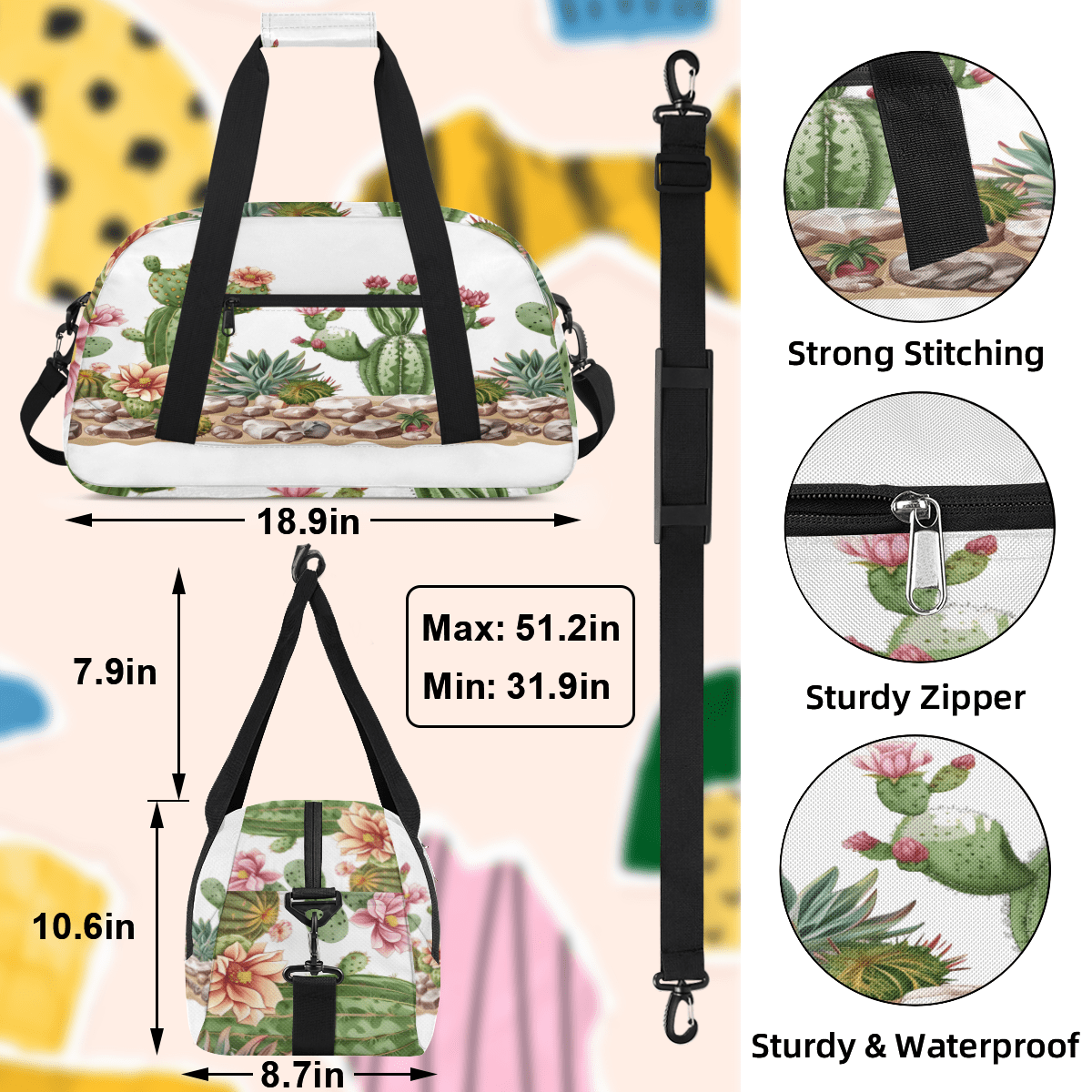 Herdesigns Sports Duffle Bags Travel Duffle Bag Gym Bag Cacti Succulen Weekender Travel Bag Waterproof Overnight Bag Carry On Travel Tote Bag Dance Bags
