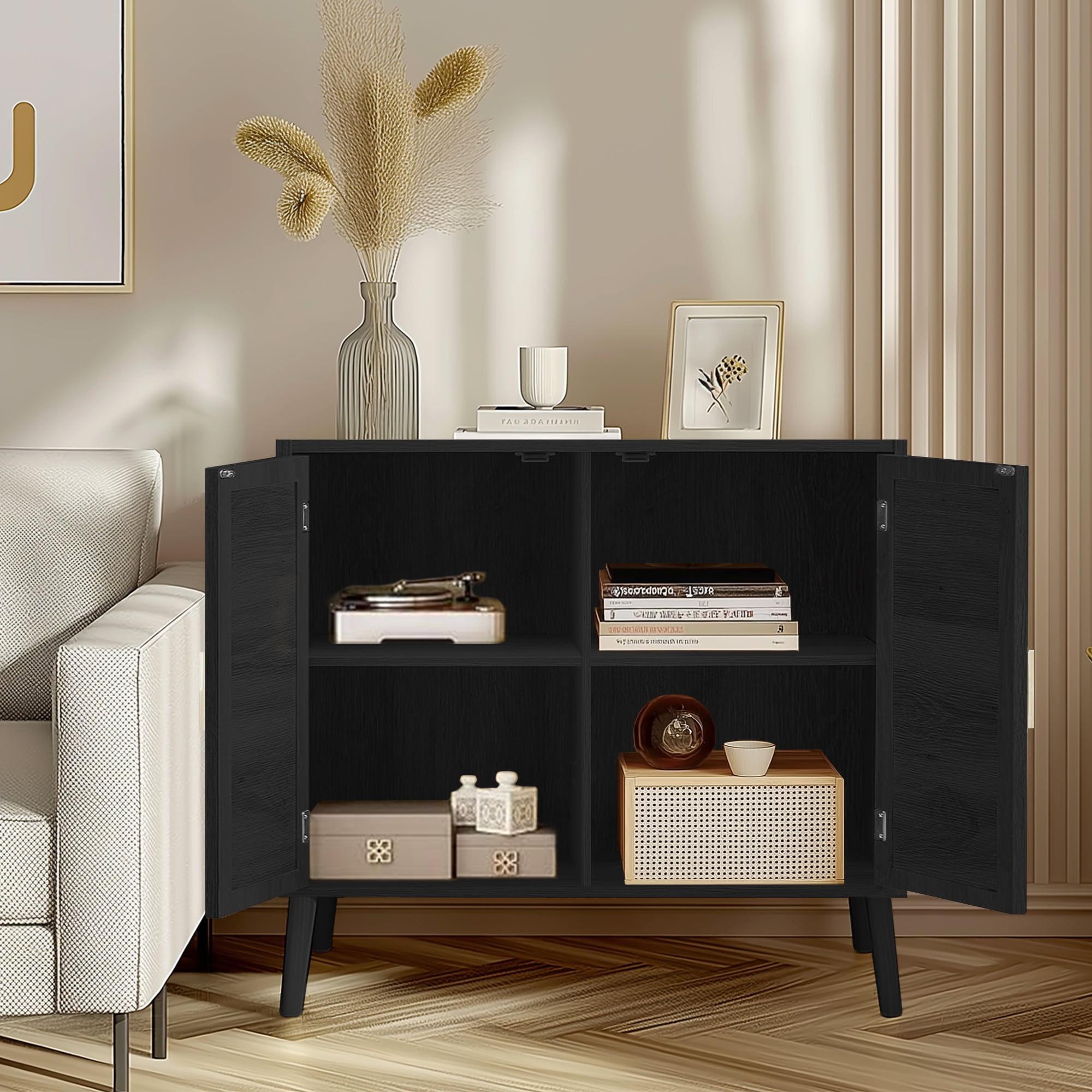 Homy Casa Accent Cabinet, 2-Door Rattan Storage Cabinet with Shelves, Black