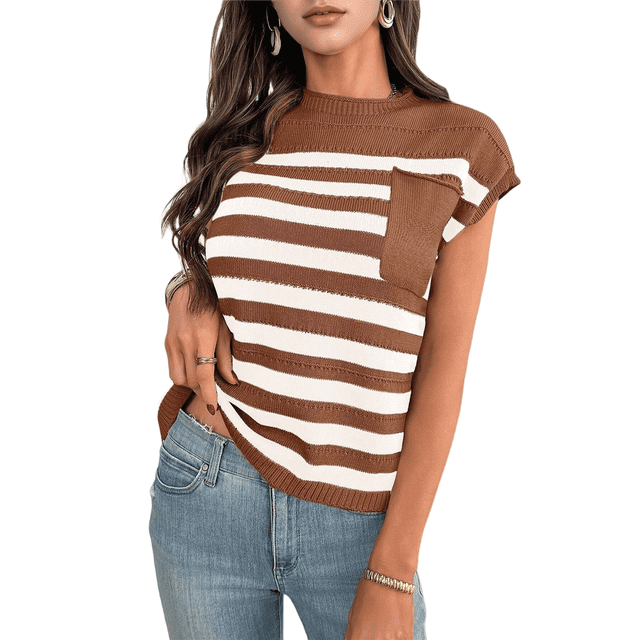 Suéter Informal de Cuello Redondo y Rayas con Aguja Gruesa para Mujer, Caramelo, Talla M