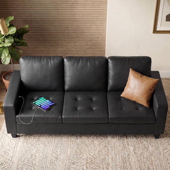 LAZZO 73" Faux Leather Couch, 3-Seater Sofa with USB Charging Ports and Tufted Armrests for Living Room and Office, Black