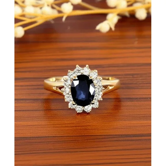 2Ct Oval Cut Simulated Blue Sapphire Women's Engagement Halo Ring 14K Yellow Gold Plated