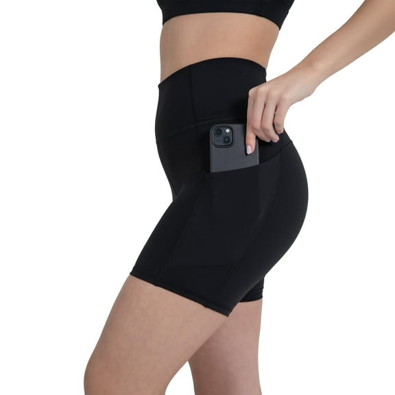 YITTY Active Women's UltraLuxe High Waist Pocket Biker Shorts – 3"/6" Tummy Control, Compression, Breathable & Activewear, Iconic Black, M, 6"