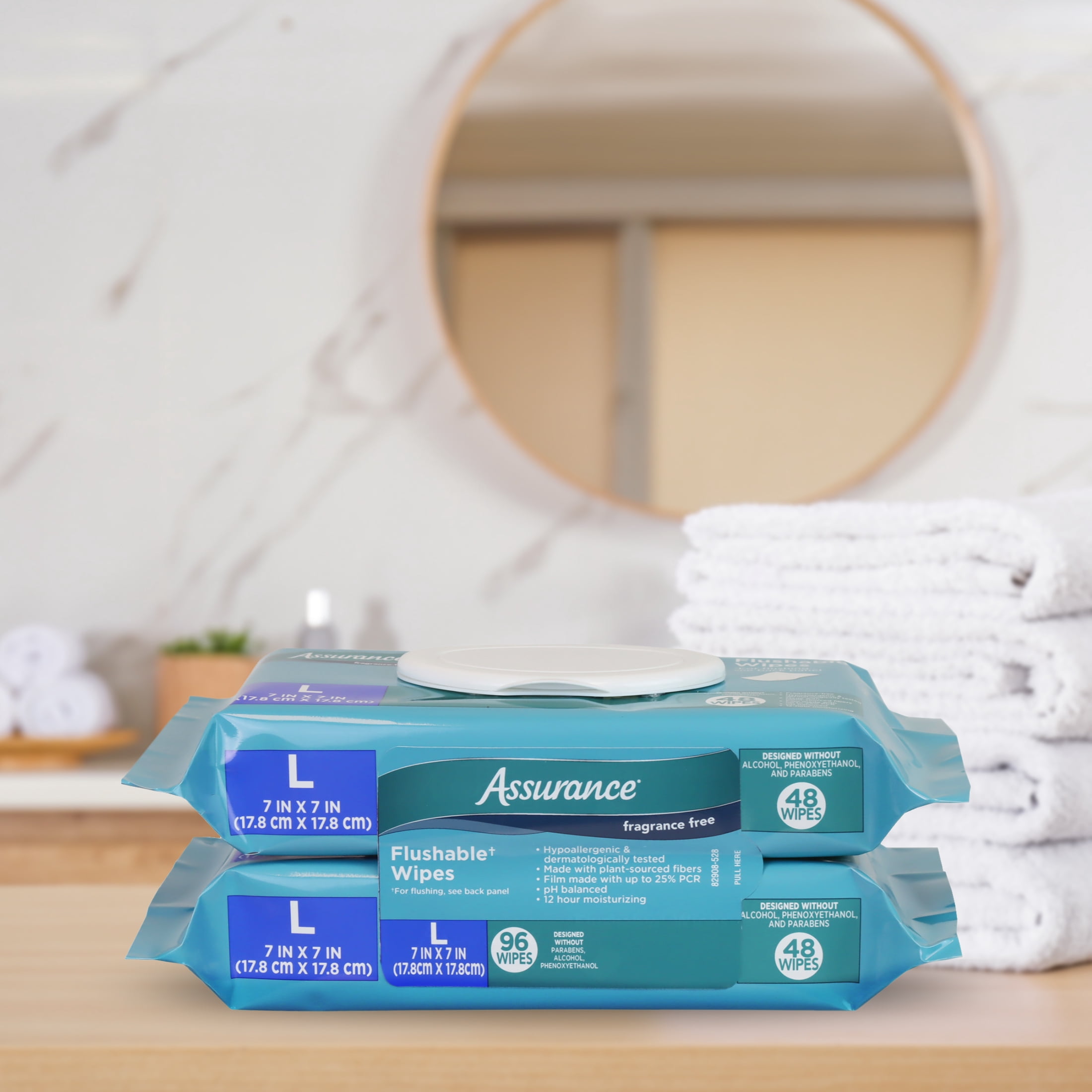 (4 pack) Assurance Large Flushable Wet Wipes, Fragrance Free, 48 Count, 2 Pack