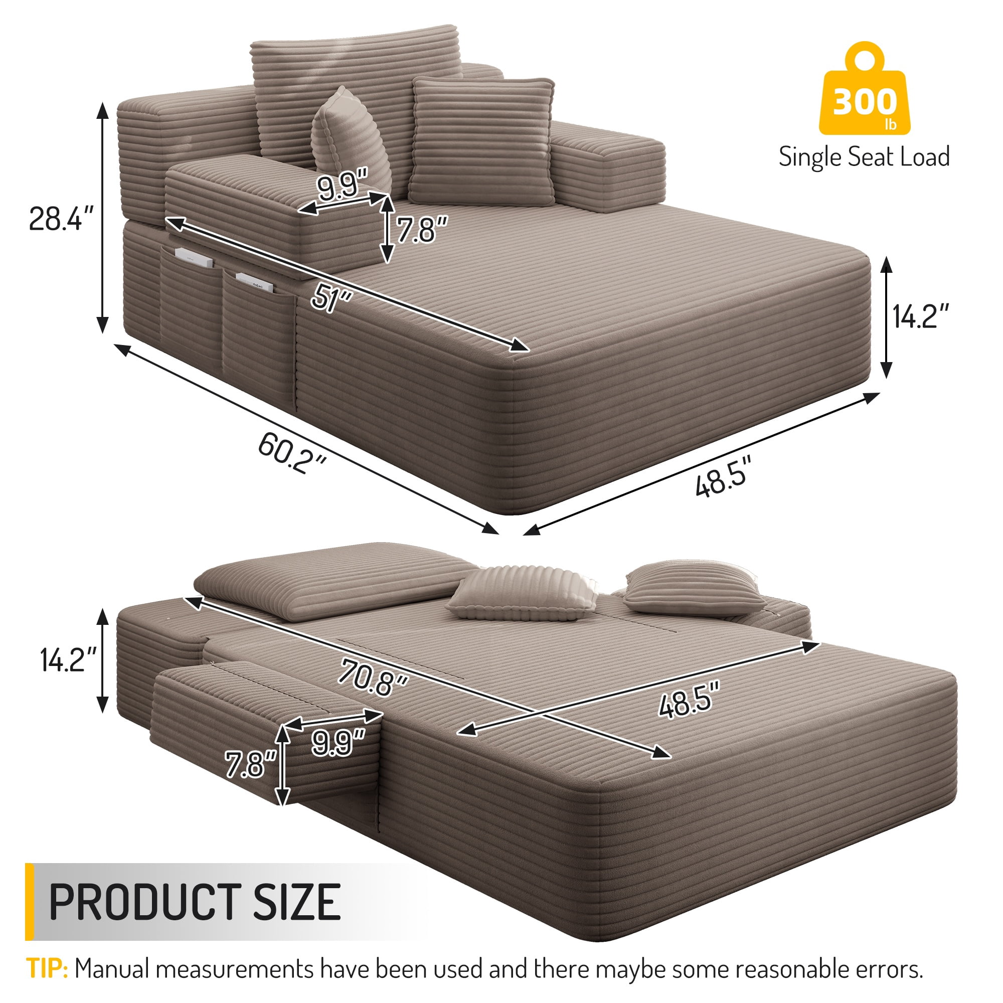 Alvantor Oversized Corduroy Convertible Chaise Lounge Sofa Bed, Coffee