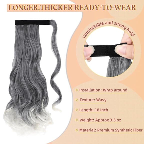 WEIF-18" Ponytail Extension Curly Wavy Clip in Hairpiece Wrap Around Long Pony Tails Hair Extensions Synthetic for Women Sliver Gray to Platinum Blonde