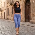 thumbnail image 4 of Jean Capris for Women Stretchy High Waisted Denim Capri Leggings Casual Pants with Pocket, S, 4 of 6
