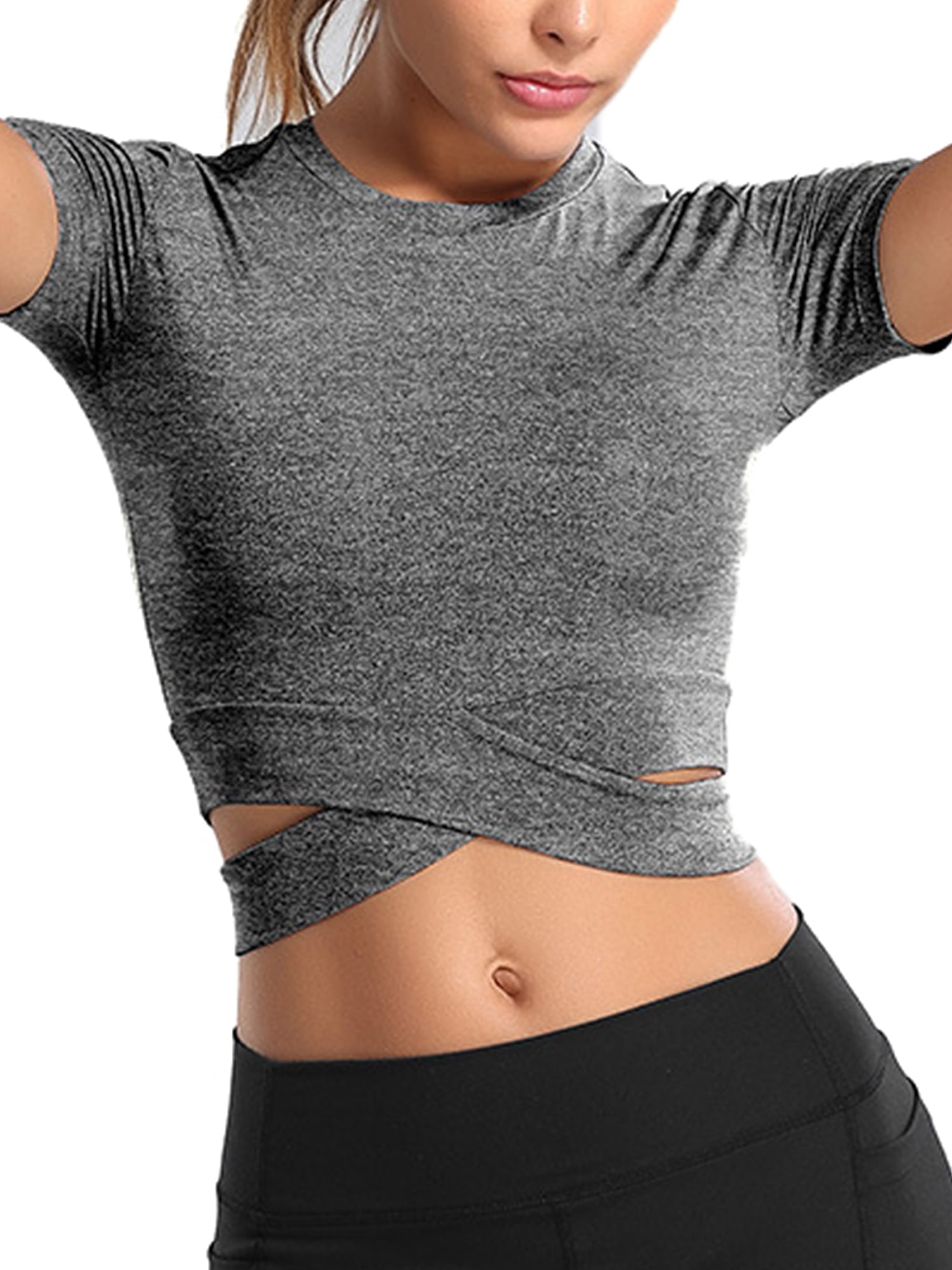 Litetao Women Criss Cross Athletic Yoga Shirt Summer Short Sleeve Solid Color Shirts Tops Blouses for Leggings 