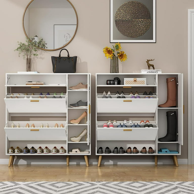 Byrant Brayden Studio Freestanding Shoe Storage Cabinet for Entryway with 3 Flip Drawers, Narrow Shoe Rack Cabinet, White (42.51 W x 10.04 D x 42.5