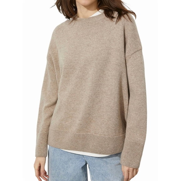 Womens 2025 Fall Long Sleeve Tops Classic Crew Neck Pullover Sweaters Loose Dressy Casual Clothes Khaki One Size