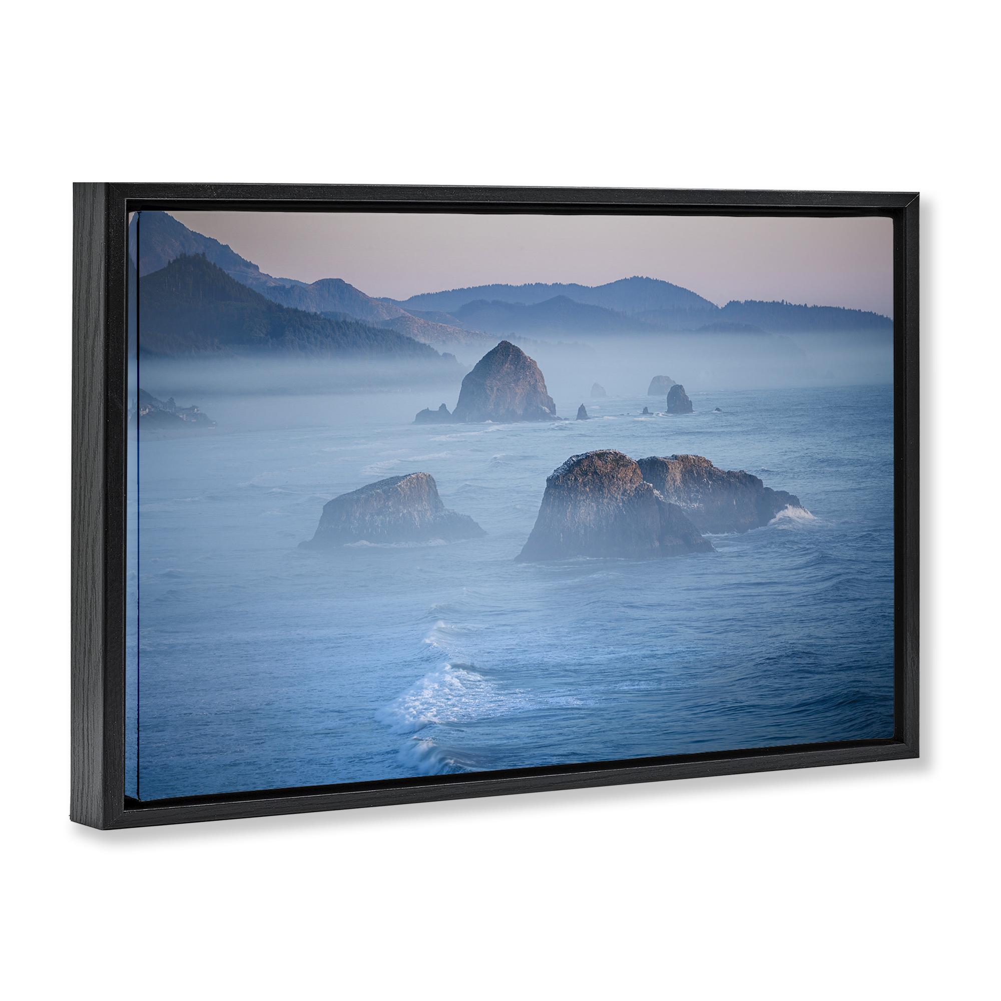 Stupell Industries Rocks Protruding from Sea Landscape & Nature Photography Black Floater Framed Canvas Art Print Wall Art, 25 x 17