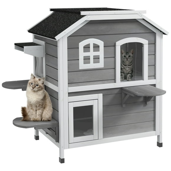 PawHut Outdoor Cat House 2-Storey Wooden Catio for Feral Cats, Grey