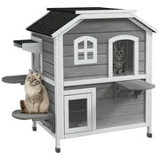 PawHut 2-story Cat House Outdoor, Weatherproof Wooden Cat Enclosure for Feral Cats with Escape Door, Openable Roof, Jumping Platforms, Gray