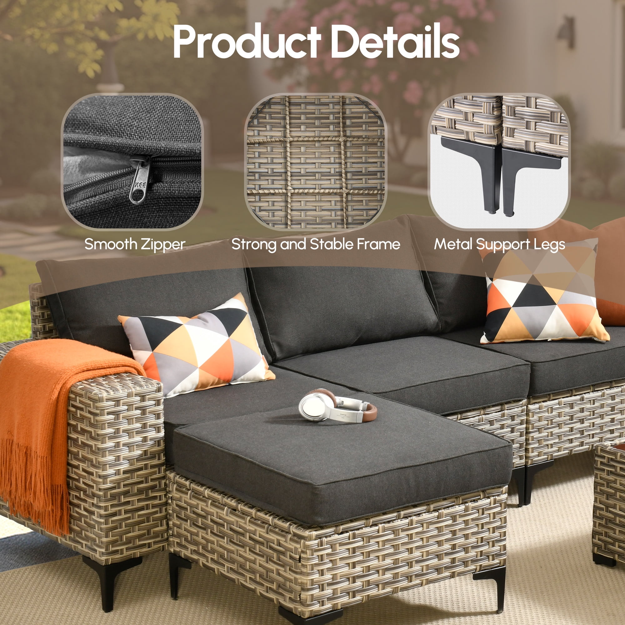 Vcatnet 8 Pieces Patio Furniture Sets with Fire Pit Wicker Outdoor Conversation Sectional Sofa with Swivel Rocking Chairs and Side Table, Black