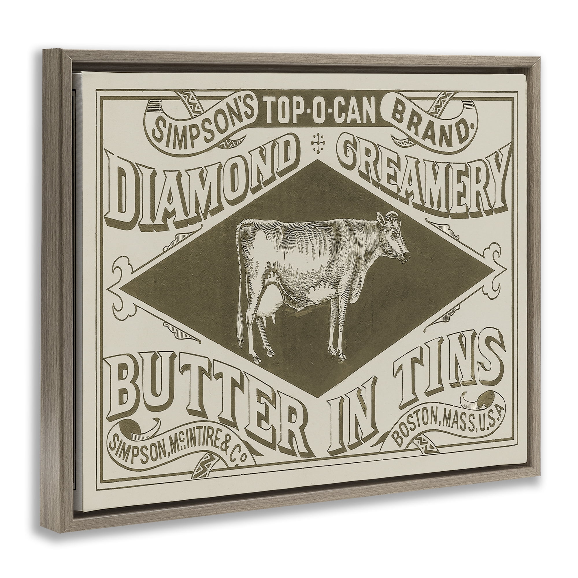 Stupell Industries Vintage Creamery Advertisement Food & Beverage Painting Brown Floater Framed Canvas Art Print Wall Art, 21 x 17
