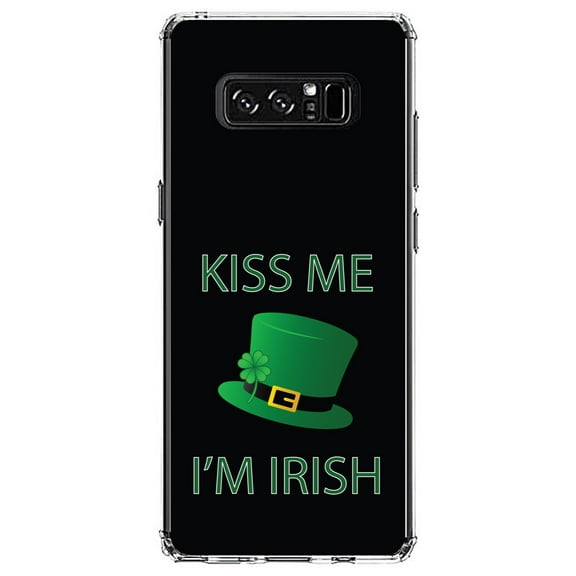 DistinctInk Clear Shockproof Hybrid Case for Samsung Galaxy Note 8 - TPU Bumper, Acrylic Back, Tempered Glass Screen Protector - Black Green Kiss Me I'm Irish
