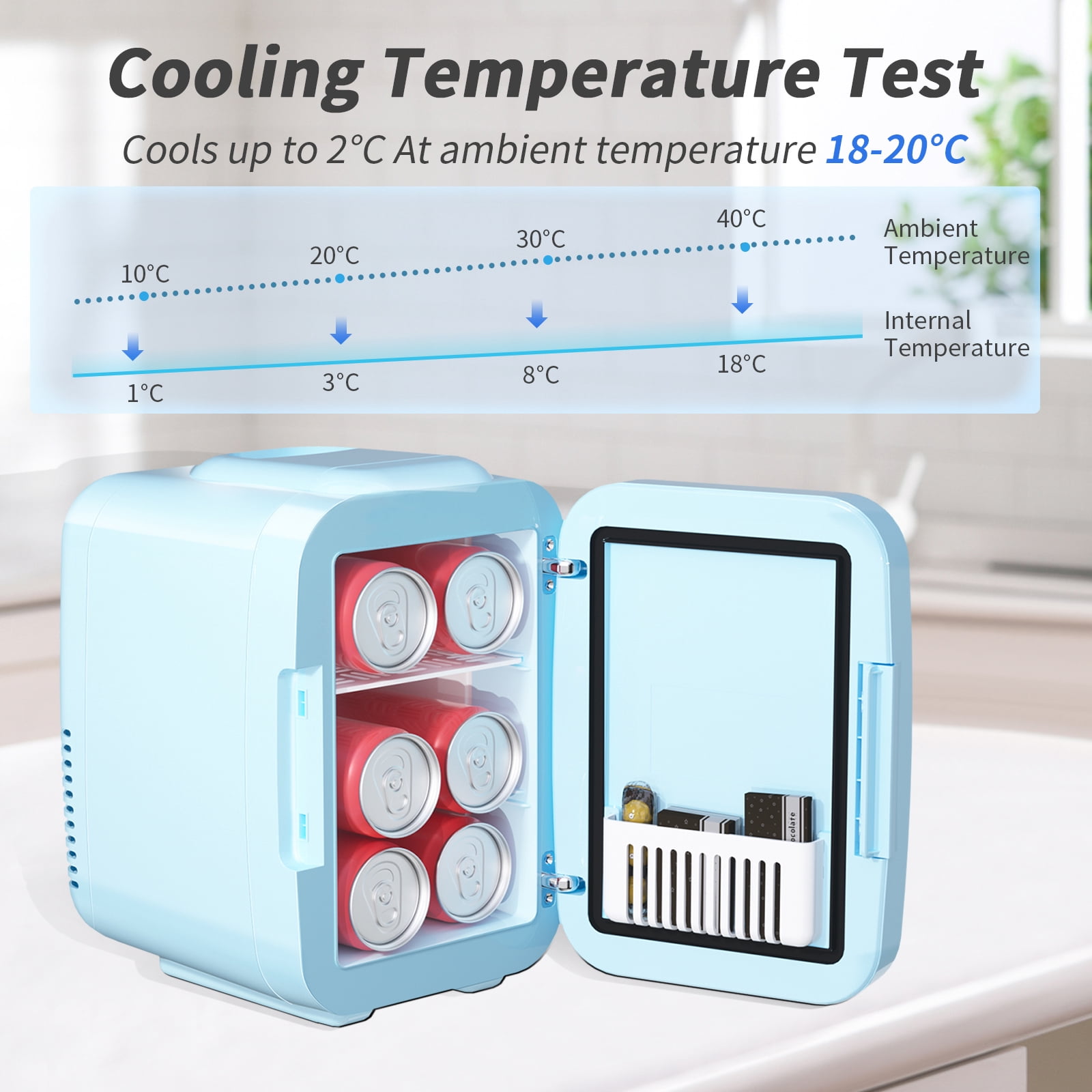 Skincare Fridge Mini Fridge for Bedroom with Dimmable LED Mirror, 4Liter/6 Cans Cooler and Warmer for Makeup, Cosmetic, Beauty, Portable Refrigerator for Bedroom, Vanity, Office and Car- Blue