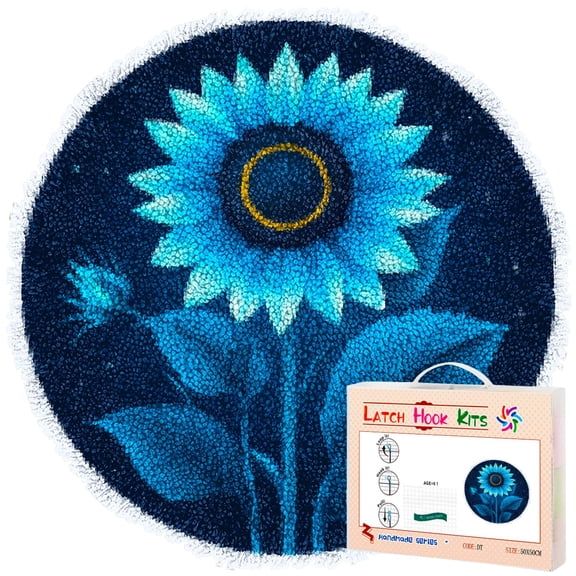Latch Hook Rug Kit Night Sunflower Stamped Handmade Round Shape Carpet Crochet Yarn Craft DIY Hook and Latch Door Mat Tapestry for Home Floor Decor 50x50cm(4)