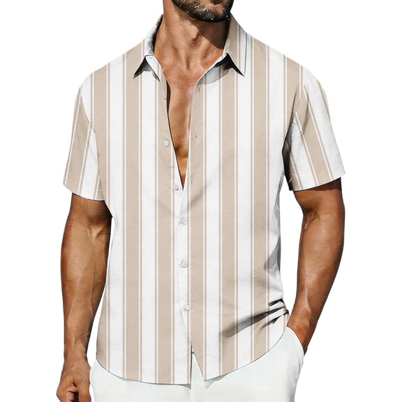 VSSSJ Men's Casual Stylish Striped Shirt Short Sleeve Button Down Collared Shirt Hawaiian Relaxed Fit Summer Beach Vacation Shirts Khaki XL