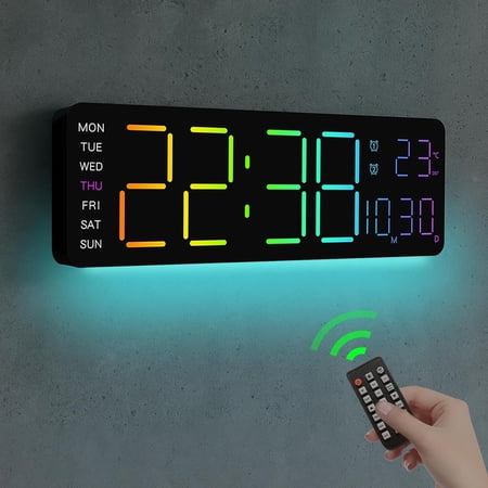 LED Digital Clock Large Display with RGB Color Remote Control, 13 Large Digital Wall Clocks for Living Room Decor, Digital Clock with Temp/Timer/DST/Dimmer/Ambient Light - 12/24H