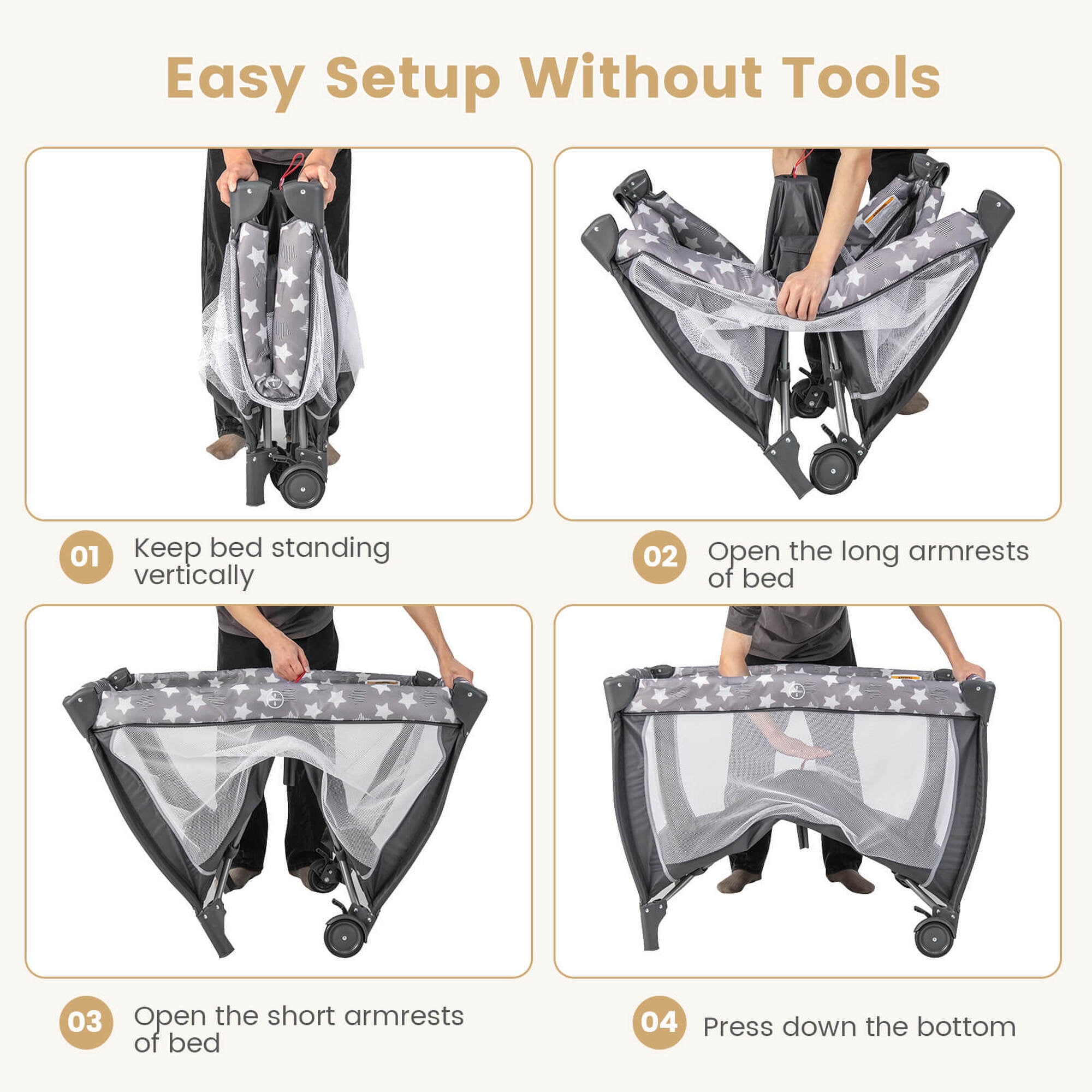Costway Portable Baby Playard Nursery Center Crib with Hanging Toys & Music Box Gray