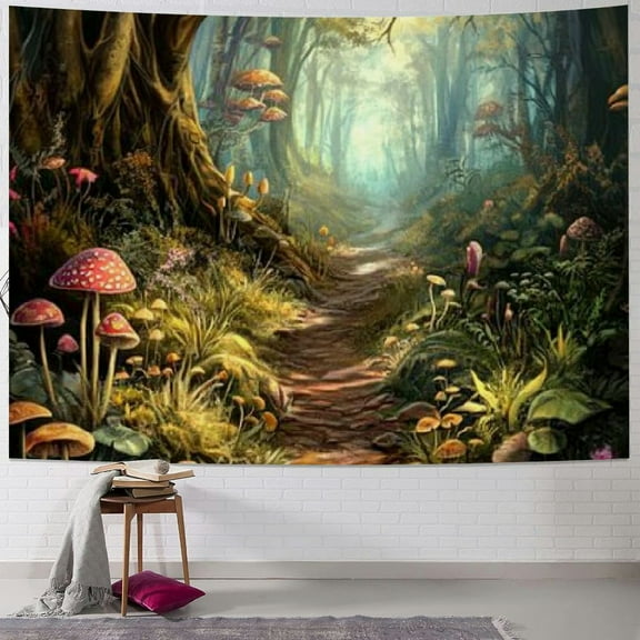 BCIIG Fantasy Forest Tapestry Misty Forest Green Tree Jungle Tapestry Nature Scenery Rainforest Tapestry Mushroom Floral Plants Tapestries Wall Hanging for Bedroom Living Room 40x30inch