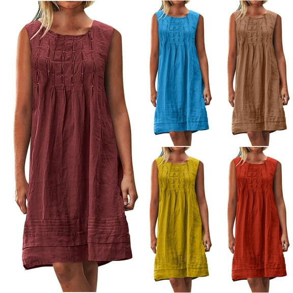 SMihono Stylish Women Trendy Cotton Linen Dresses Comfy Loose Fit Casual Dresses Sleeveless Summer Fashion Everyday Dressy Outfits Brown S