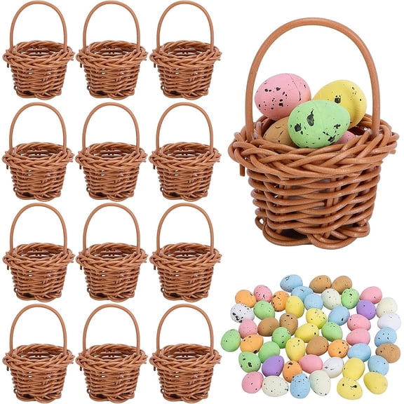 Youpwaven 12 Pack Easter Mini Woven Handbasket with 50 Pcs Eggs,Tiny Decorative Picnic Baskets with Handle, Easter Miniature Basket Set for Home Office Decor Wedding Birthday Party Favors