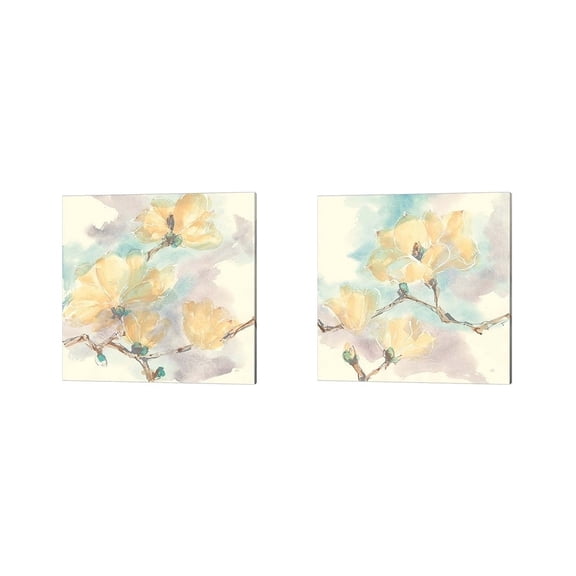 Metaverse Magnolias in White by Chris Paschke, 2 Piece Canvas Art Set Each 14"W x 14"H