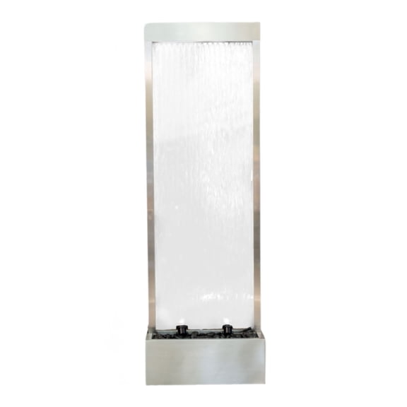 XBrand 68" H Freestanding Modern Indoor/Outdoor Waterfall Fountain w/ Decorative Rocks, LED Lights & Auto-Shut Off Pump, Stainless Steel Silver Frame/Mirror Glass, Silver