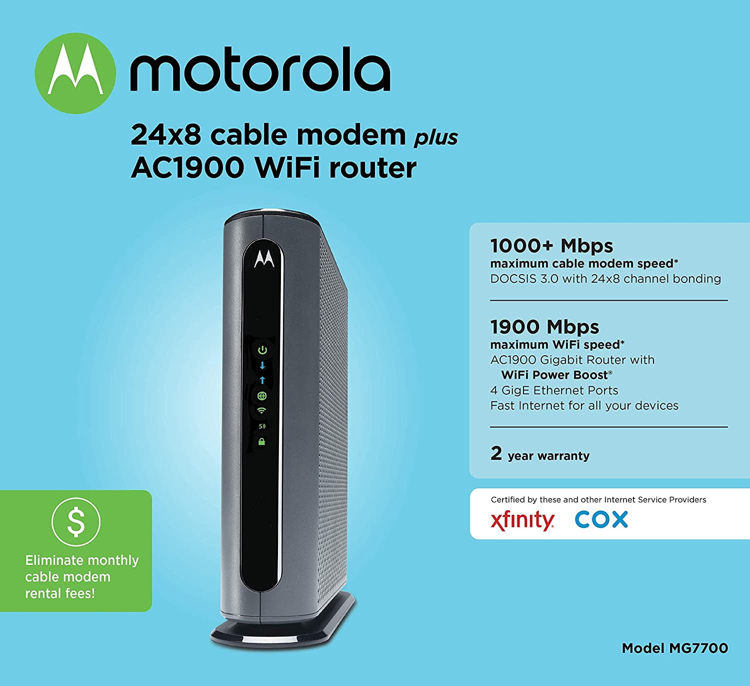 Motorola MG7700 Modem with AC1900 Dual Band 1000 Mbps Wi-Fi Gigabit Router with Power Boost