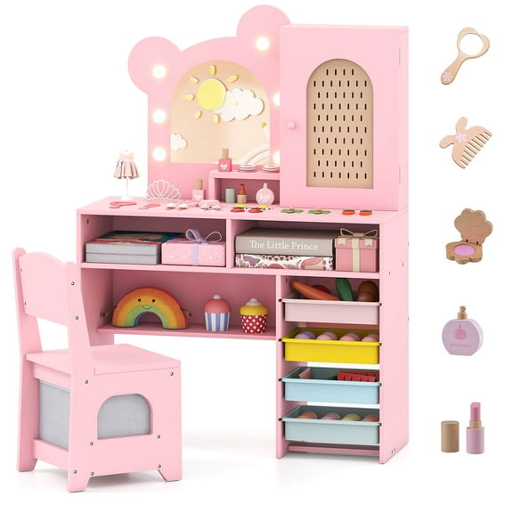 Infans Kids Vanity with Lights with 5 Drawers & 2 Compartments, Single-door Cabinet