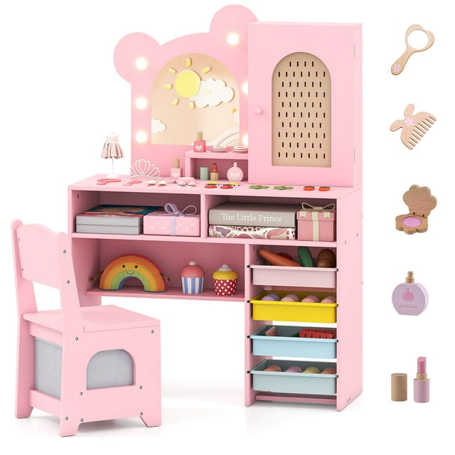 Costway Kids Vanity with Lights with 5 Drawers & 2 Compartments, Single-door Cabinet Pink