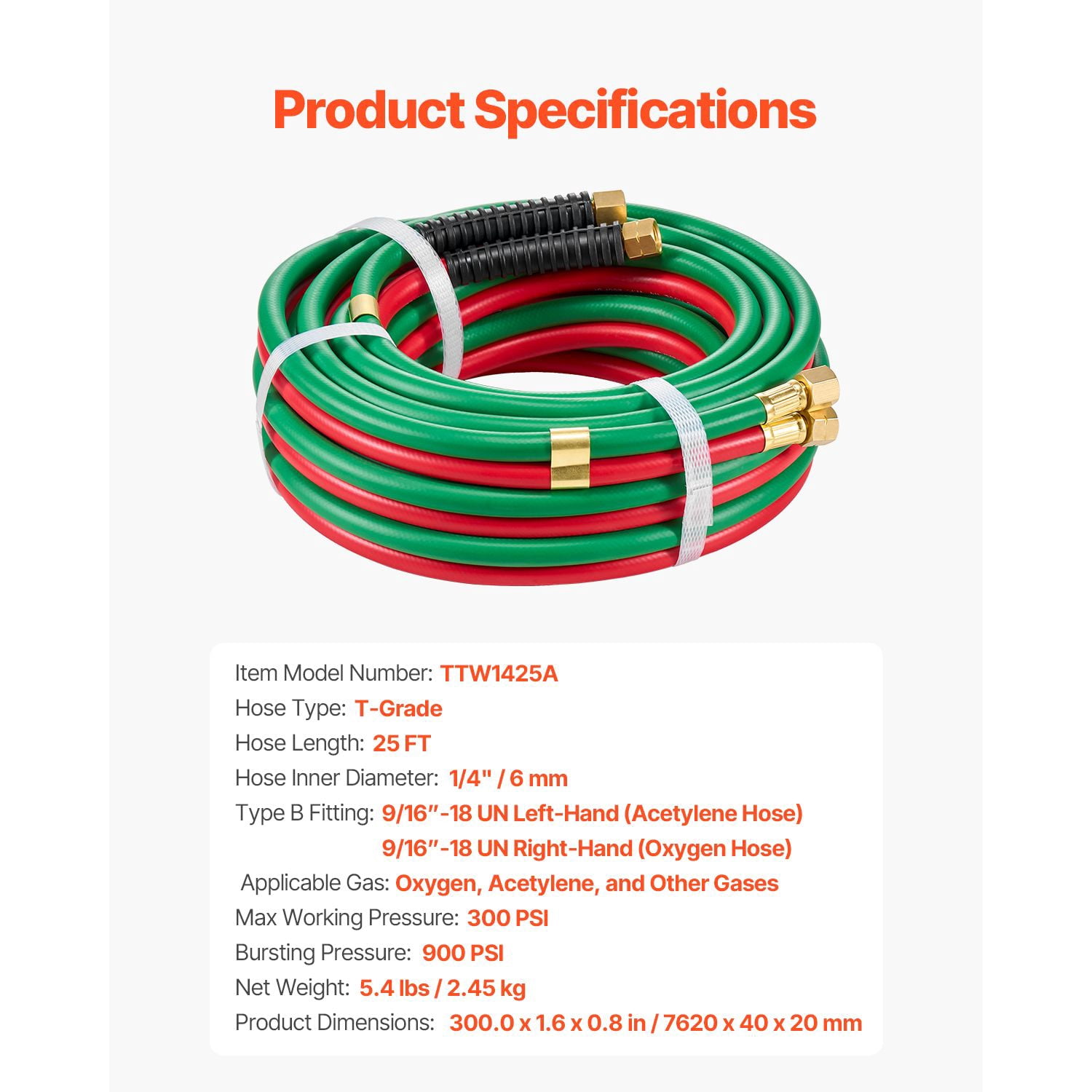 25FT Oxygen Acetylene Twin Welding Hose, 1/4" T-Grade, 300 PSI Working Pressure, 900 PSI Burst, Color-Coded for Welding Cutting Applications