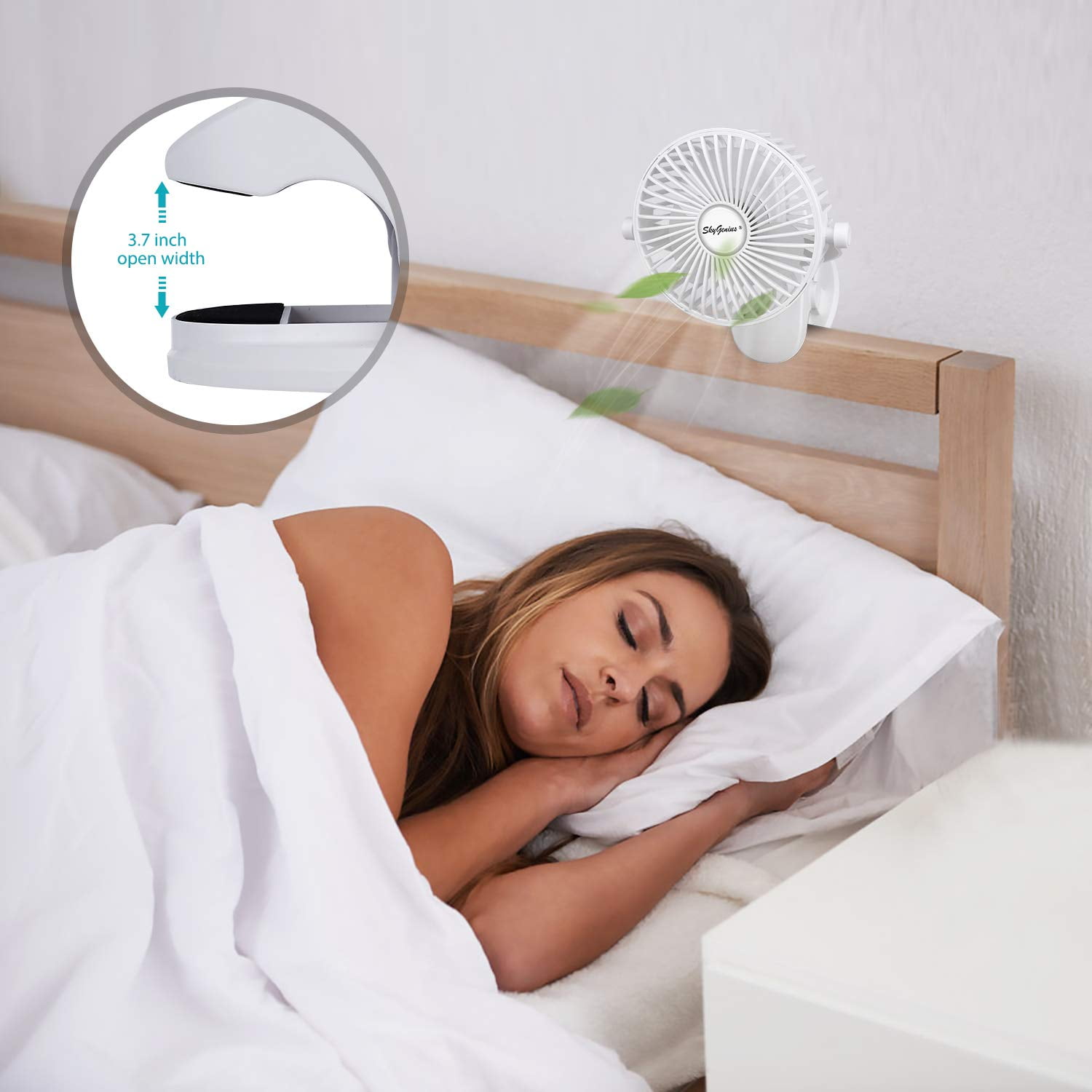 SkyGenius Battery Operated Mini Fan Clip on Desk Fan Baby Stroller Fan, White