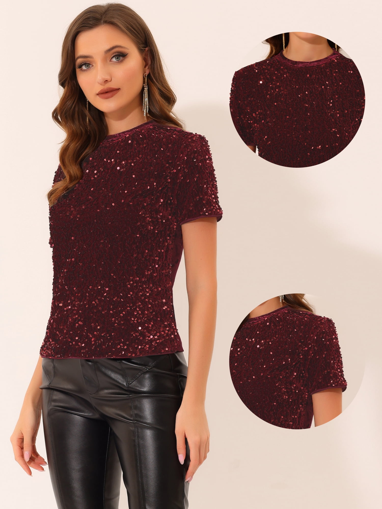 DARING DIVA Women's Velvet Sequin Short Sleeve Clubwear Blouse M Burgundy