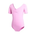 thumbnail image 5 of Yeaiivve Dance Girls Outfits Short Sleeve Pleated V Neck Jumpsuits Ballet Gymnastic Outfits Solid Color Classic Basic Leotard Bodysuit for 3-15Y, 5 of 7