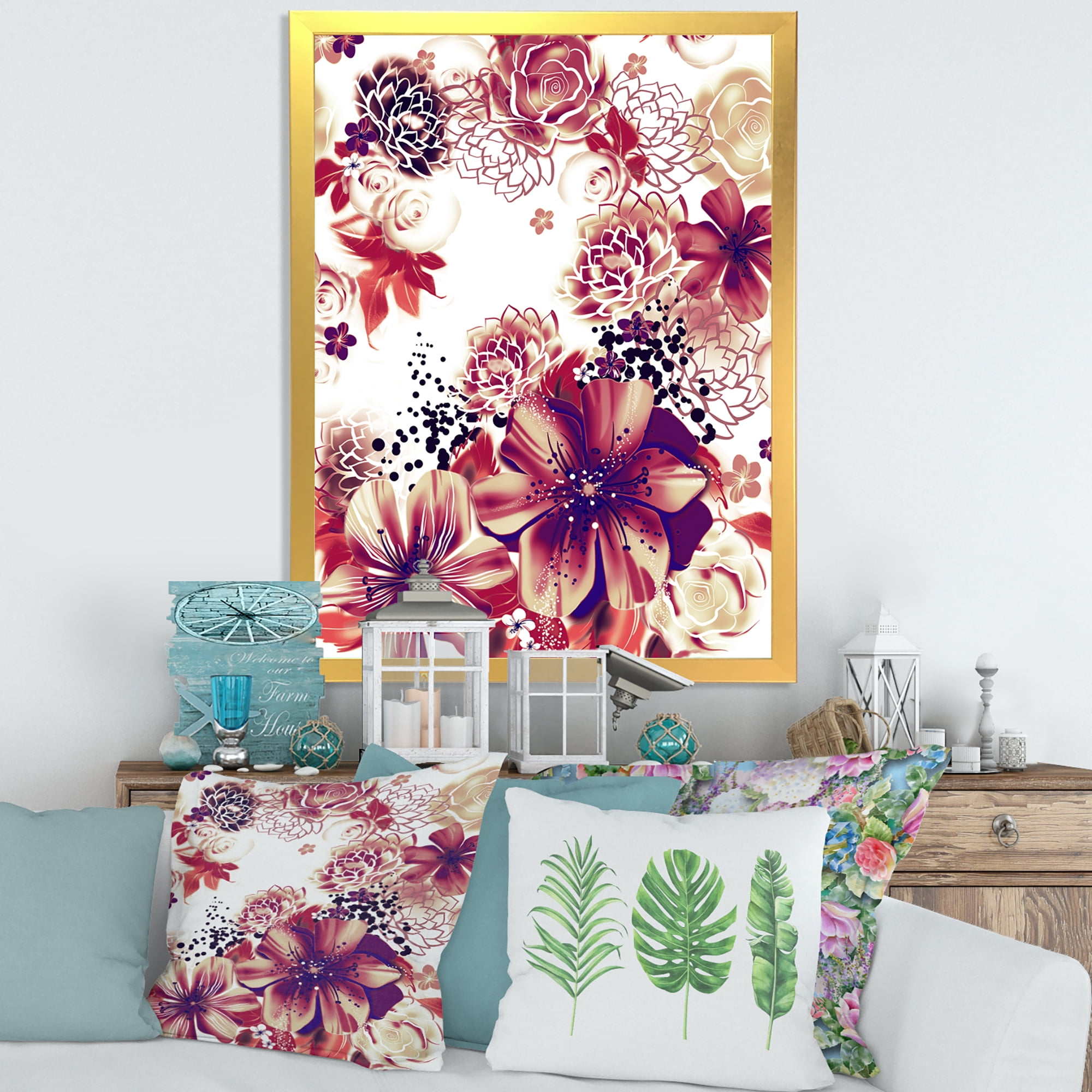 Designart 'Yellow and Pink Flowers Retro' Traditional Framed Art Print