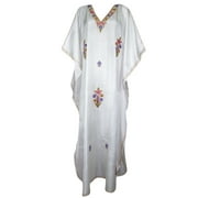 Mogul Women's White Kashmiri Embroidered Maxi Kaftan House Dress XXXL