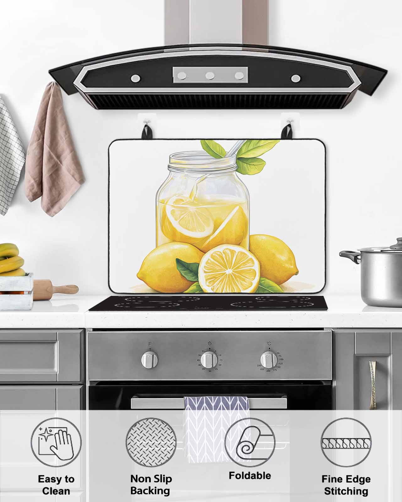 nqOlkjepod Large Induction Cooktop Protector Mat 24"x21", Lemon Stove Top Covers for Electric Stove, Summer Fruit Nature Country Watercolor Yellow Stove Burner Cover Mats, Glass Top Stove Cover