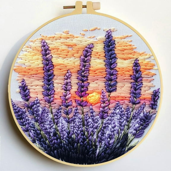 Punch Needle Kits Lavender Flowers under Sunset Embroidery Starter Set with Hoop Easy for Beginners DIY Stress Relief Handmade Craft Hobby and Home Decor 20x20cm-2