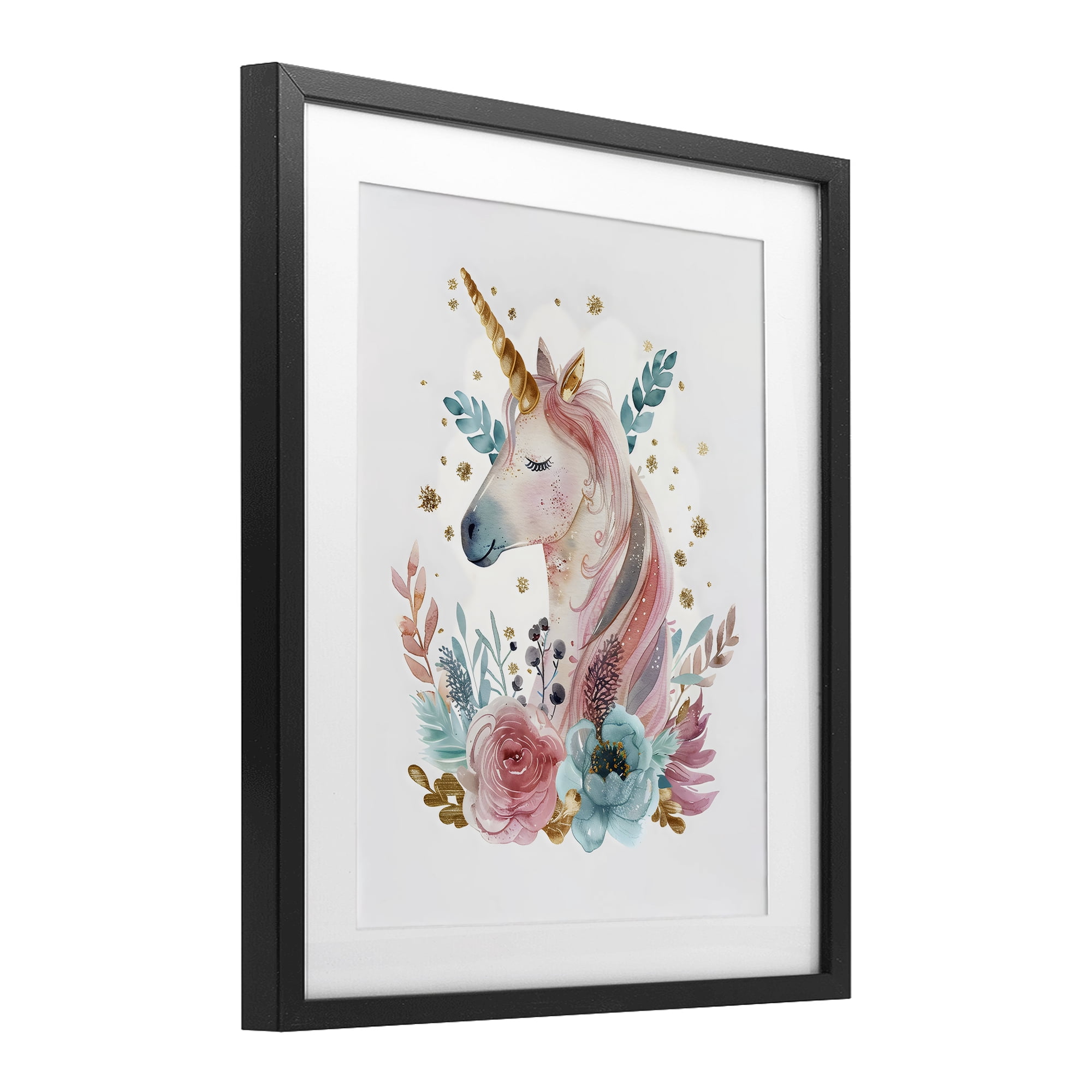 Stupell Industries Floral Unicorn with Gold Details Black Framed Print Under Glass, design by LSR Design Studio